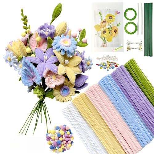 YYUENG TAK 500 Stück Pfeifenreiniger Blumen Set(6 Farben),Pfeifenputzer zum Basteln Blumen,pipe cleaners flower,mit Anweisungen,pompons,20 Stück Blumendraht,2 verschiedene Staubblatt,Klebeband