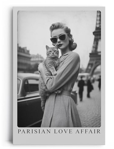 Paul Sinus Leinwandbild 80x120cm Pariser Eleganz – Stilvolles Retro-Porträt einer Frau mit Katze vor dem Eiffelturm