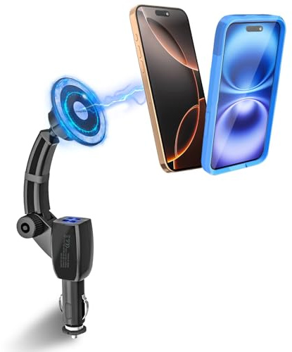 Kolasels Magnetic Phone Holder for Car Cigarette Lighter | [Dual USB Fast Charging] Cigarette Lighter Socket Phone Mount Charger with Adjustable Arm, for iPhone 17 16 MagSafe Car Mount
