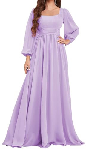 Women's Long Sleeve Bridesmaid Dress with Pockets Square Neck Formal Dresses Pleated Chiffon Wedding Guest Dress ZM260 UK30 Lilac