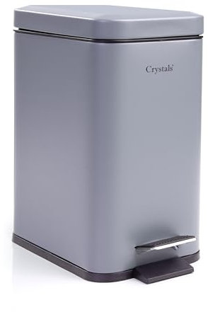 Crystals 3L Rectangular Slim Pedal Bin with Soft Close Lid – Compact Waste Bins for Bathroom, Kitchen, Toilet or Office – Hands-Free Rubbish Bin with Removable Inner Bucket, Modern Design (Grey)
