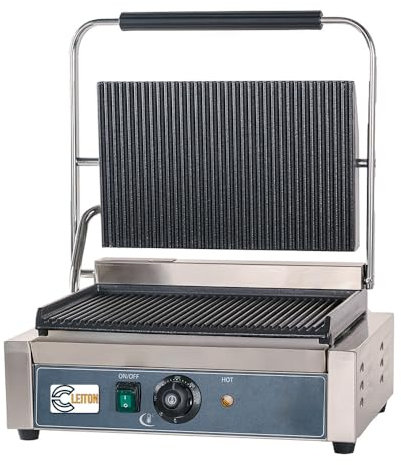 Cleiton® Grill de Contacto Eléctrico de 43 cm de Sobremesa en acero inox con Doble Superficie Ranurada | Parrilla de Contacto 300° - 2200 W | Plancha Grill para Bares y Restaurantes