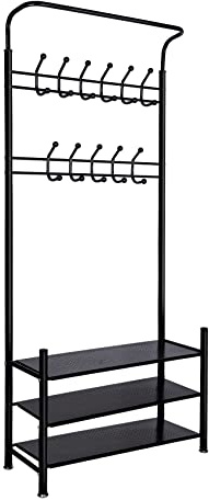 Generisch Garderobenständer mit Schuhablage, Kleiderständer Stabil aus Metall, Schuhschrank mit Garderobe, 11 Haken, 82 x 30 x 190 cm, 3-in-1 Design für Flur, Eingang - Schwarz