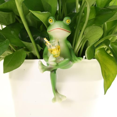 lasuroa Frosch Statue, Interessante Sitzende Trinkende Frosch Figuren Statue Blumentopf Pflanzgefäß Hof Rasen Gartenornamente