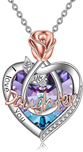 TOUPOP Christmas Gifts for Daughter I Love You Daughter Necklace with Rose Flower 925 Sterling Silver Crystal Daughters Jewelry Birthday Christmas Gifts