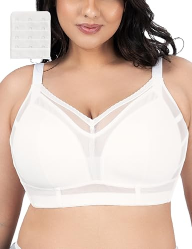 ANYIRIS Minimiser Bras for Women Full Coverage No Underwire Plus Size Wireless Bras with Support and Lift White 42G