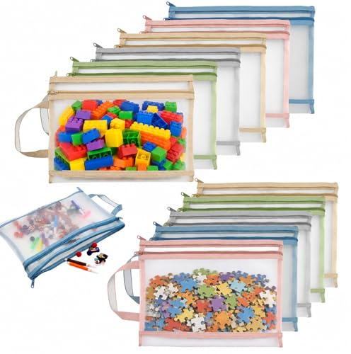 Yuaerbuo 11 PCS Colored Mesh Zipper Pouch Bags, A4 Puzzle Building Blocks Toy Storage Bag with Handle Nylon Double-Layer Storage Mesh Bags for Book Stationery School Office Home Games