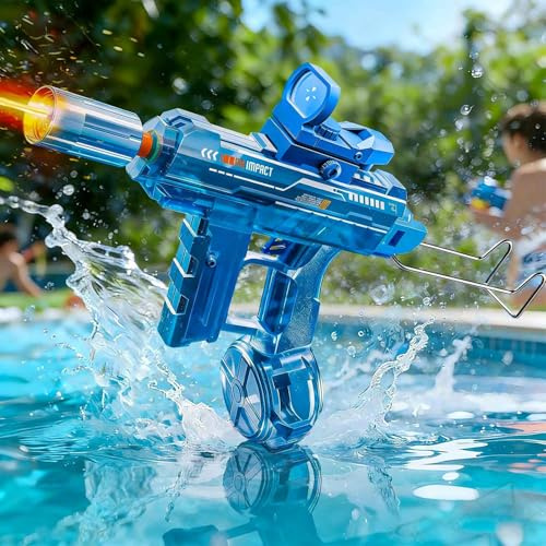 MOZC Wasserpistole Elektrisch Kinder，Automatische Wasserpistole mit LED-Lichtern, Reichweite 6-8M, Lange Akkulaufzeit für Dauerfeuer, Modulares Design, Electric Water Gun für Pool,Strand (Blue-Uzi)