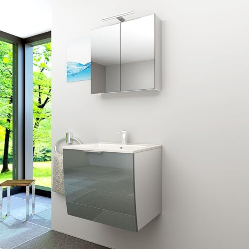 AcquaVapore by Sandra Jentho Badmöbel Set Gently 1 V1 Weiß/Grau MDF Waschtisch 60cm mit 1x 5W LED / 1x Energiebox