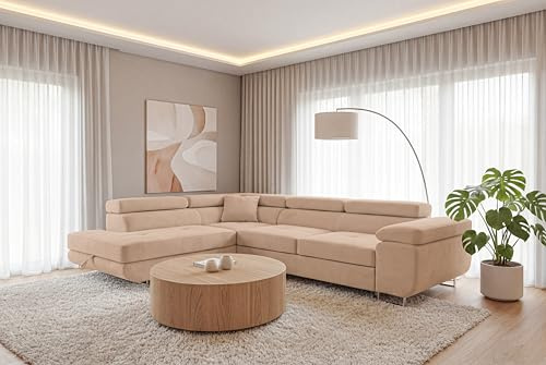 SOFILAND Ecksofa Luca L-Form mit Schlaffunktion und Bettkasten, wasserabweisender Velour, haustierfreundlich (Beige, Links)