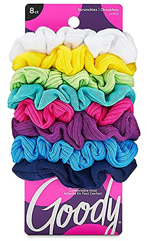 Goody Ouchless Jersey Scrunchies - 8 Ct, Assorted Neon Rainbow Tones, Damage-Free, Dentless & Secure Hold Hair Ties, Gentle Hair Accessories for Women & Men, All Day Comfort, All Hair Types