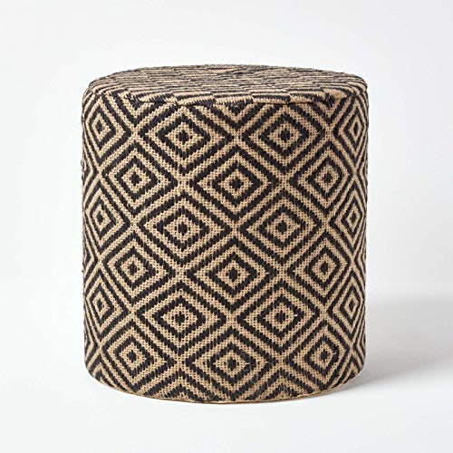Homescapes Runder Sitzpouf schwarz-Natur, Jute Pouf Hocker Ethno Style 40x42 cm, Fußhocker mit Muster, Sitzhocker rund mit Stoffbezug