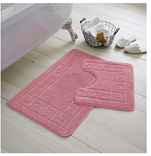 De Lavish Bath Mat Set 2 Piece Non Slip Rubber Pedestal and Bath Mat Set Toilet Greek Bathroom Rug New (Dusty Pink)