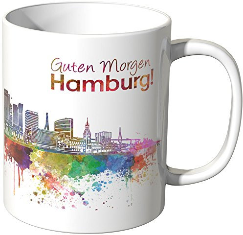 WANDKINGS® Tasse, Schriftzug Guten Morgen Hamburg! mit Skyline - Weiß