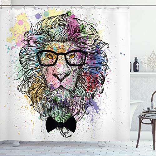 ABAKUHAUS Hipster Duschvorhang, Lion Bow Creative-Spritzer, Stoffliches Gewebe Badezimmerdekorationsset mit Haken, 175 x 180 cm, Mehrfarbig
