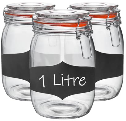 Argon Tableware Glass Jars with Airtight Metal Clip Lid & Chalkboard Stickers - 1000ml/33.8oz - 6 Pack - 4 Colour Seals - Round Container Preserving Jar for Pickling, Chutney, Jam, Coffee