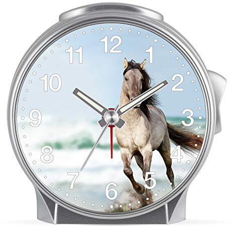 Eurotime Kinder Wecker für Mädchen mit Pferde-Motiv, Kunststoffgehäuse und Kunststoffglas, geräuscharmer Wecker, kein Ticken, mit Licht und Weckwiederholung, 29607-07