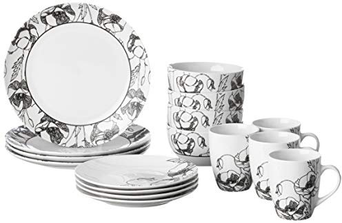 Elle Décor Black Dinnerware Set – 16-Piece Stoneware Party Collection w/ 4 Dinner Salad Plates, 4 Bowls & 4 Mugs – Gift Idea for Any Occasion, Ceramic, Floral