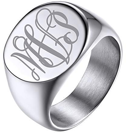 GoldChic Personalisierter Herren Damen Siegelring mit Vine MonogramsSolid Gravur Edelstahl Kronen Fingerring Silberfarbe Rock Biker Ring Ringgröße 56.5 (18.1)