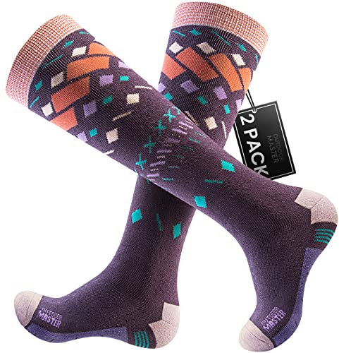 OutdoorMaster 2 Paar Unisex Skisocken für Damen & Herren, Winter Snowboarding Atmungsaktive thermische Socken für Outdoor-Sportarten mit Über die Wade Design/Anti-Rutsch-Bündchen
