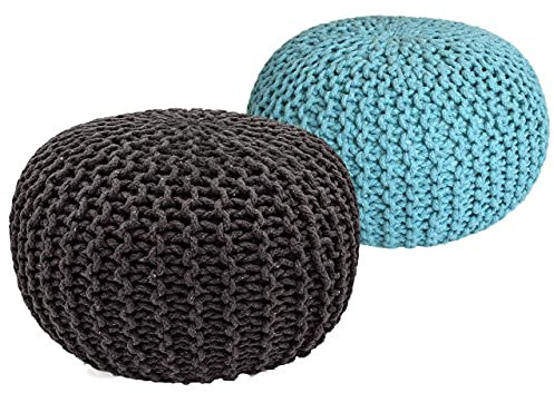 Pouf Set 2 Stück Strickhocker Bodenkissen Grobstrick-Optik Ø 55 cm H 37 cm grau & Mint Sitzhocker