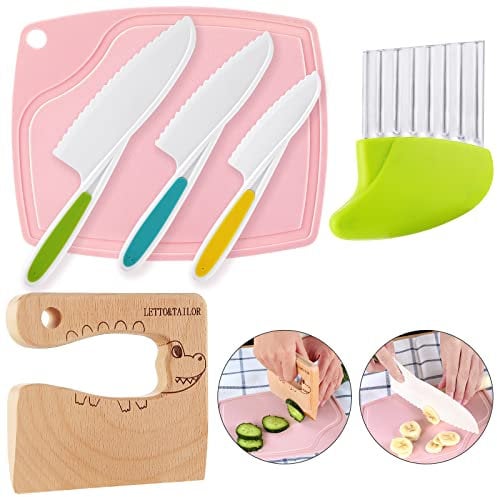 LETTO & TAILOR 6 Piece Children's Wooden Kitchen Knives Set with Wooden Children's Knife, Plastic Toddler Knife, Crinkle Cutter, Chopping Board (Crocodile)