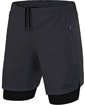 TCA Ultra Laufhose Herren 2 in 1 Kurze Sporthose Trainingsshorts Laufshorts mit integrierter Kompressionshose und Reißverschlussfach - Grau (2X reißverschlusstasche), XL