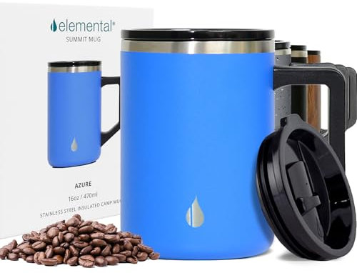 Elemental Summit Coffee Mug - Coffee Cup Travel Mug - Thermal Cup with Handle & Lid - Lightweight Vacuum Insulated Coffee Cup - Hot & Cold Triple Wall Stainless Steel Travel Mugs - Azure - 470 ml