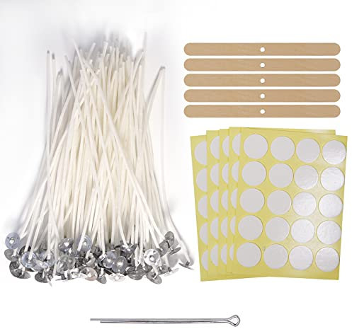 LUSHTREE 100 Stück Kerzen Docht 15 cm + Dochtaufkleber + Dochthalter für Kerzen Holz + Metallbasis + Dochtclip, Baumwolle, Vorgewachster, für Kerzenherstellung, Duftkerzen, DIY