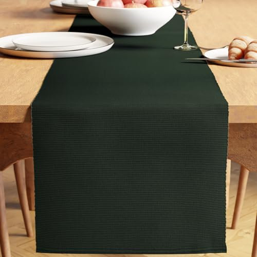 Encasa XO Tischläufer | Garngefärbte Feinripp-Baumwolle | Größe 32x250 cm | Dunkelgrün | Maschinenwaschbar