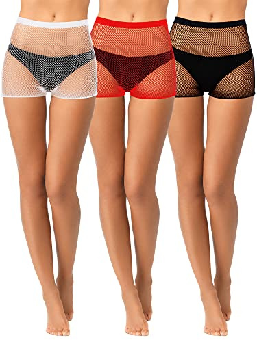 Geyoga 3 Stück Fischnetz-Shorts, Damen-Fahrrad-Shorts, durchsichtig, Netz-Shorts, hohe Taille, Slip-Shorts, elastische Yoga-Netz-Shorts