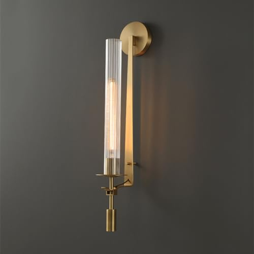 SEEAIRSHOP Gold Wall Light Fixture Set of 2, Fluted Cylinder Glass Sconce