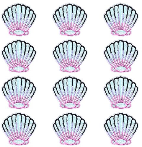 JKJF 12 Stück Muscheln Patches Seashell Aufbügeln Bügelbild Muscheln Aufnäher Applikation Meerestiere Stickerei Patches für Kleidung Rucksack Schuhe Jacke Jeans Hut Kleid