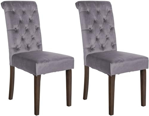 CLP 2er Set Esszimmerstühle Lisburn I Samt I Stoff I Polsterstühle Gesteppt Chesterfield Design, Farbe:dunkelgrau, Material:Samt