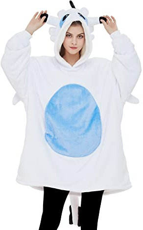 dressfan Weiß Drache Tragbare Decke Mikrofaser & Sherpa Deckenpullover,Halloween Karneval Drache Kostüm Hoodie,Warme Weich Decke mit Ärmeln und Kapuze für Damen Herren