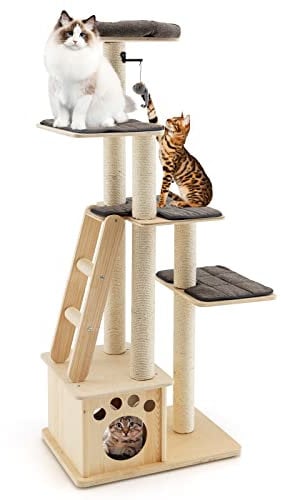 GYMAX Wooden Cat Tree, Multi Tier Cat Play Tower with Platform, Perch, Ladder, Condo, Scratching Posts, Toy Balls & Removable Cushion, Kitten Activity Center for Playing, Sleeping