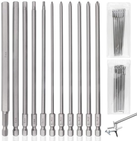 GZLFH 11 punte lunghe 150 mm, set di punte lunghe magnetiche da 1/4 pollici, codolo esagonale PH1 PH2, a croce esagonale, set universale di punte elettriche