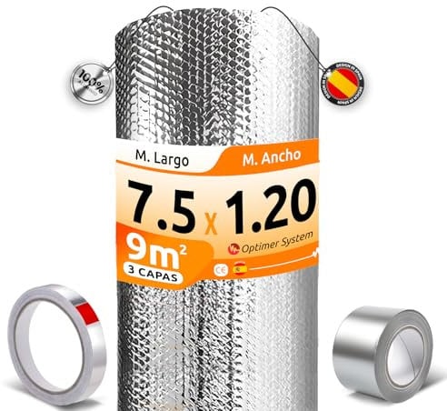 AISLANTE TERMICO MULTIUSOS PREMIUM | Reduce el Frio y el Calor |100% ALUMINIO|Aislante Termico para Ventana, Pared, Suelo, Techo, Coche, Garaje[ 1.20 X 7.5m ] (9m²) + 2 cintas adhesivas
