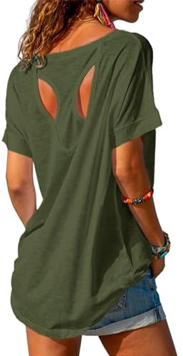 Fisoew Sportshirt Damen Fitness Kurzarm Yoga T-Shirt Leicht Gym Sport Oberteile Locker(Dunkelgrün, M)