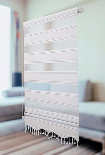 PlisseeOnline Doppelrollo Klemmfix ohne Bohren Weiß Silber Glitzer mit Perlen Duo Rollo für Fenster und Türen Plissee Rollo Gardine 120 x 150 cm Blickdicht Klemmrollo mit Perlen Seitenzugrollo