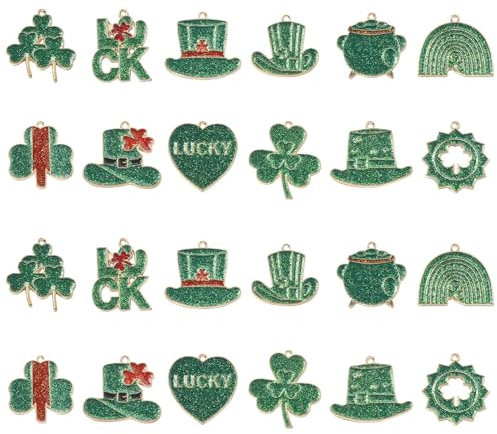 Airssory Anhänger zum St. Patrick's Day, glitzernd, Emaille, Legierung, Kleeblatt, Geschirr, Hut, Glücksbringer, für selbstgemachten Schmuck, Ohrringe, Geschenke, Dekoration, 24 Stück, 12 Stück