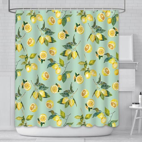 AIBIIN Rideau de douche citron jaune fruits verts rideaux de douche en tissu imperméable durable décoration de baignoire avec 12 crochets, 180 x 180 cm