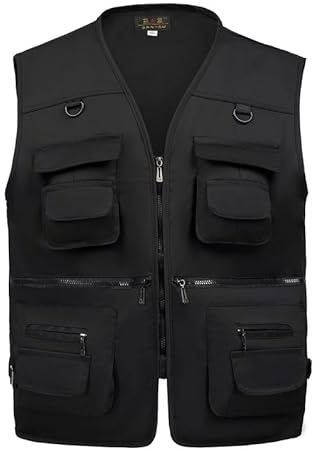 AOTORR Men’s Fishing Vest Casual Outdoor Work Safari Fishing Photo Cargo Vest Summer Jacket With Multi Pockets Black XL