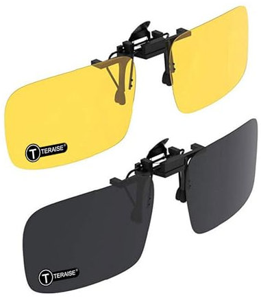 TERAISE Clip auf Sonnenbrille, 2er Pack/Tag + Nachtsicht Männer/Frauen UV400 Flip-Up polarisierte Sonnenbrille, Bequeme und sichere Pa