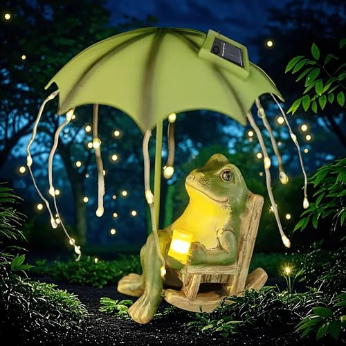 Yiilead Solar Frosch Statue, Dekoration für den Garten oder draußen, Miniatur-Frosch-Regenschirm-Teichstatuen, wasserdicht, niedliche Tierskulptur aus Kunstharz mit LED, Dekoration für Zuhause