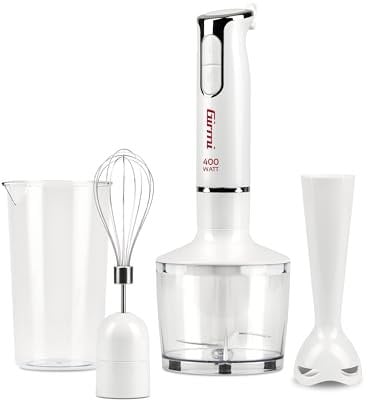 Girmi MX17 Mixeur Plongeant avec Kit 3 en 1, Blender-Mixeur-Fouet, 400 W, Moteur DC, 2 Vitesses, Lames Inox, Verre doseur 700 ml inclus, Blanc-Gris acier