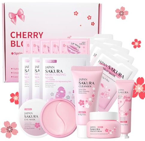 Skincare Set for Teenage Girls,Skin Care Sets & Kits,Facial Kits for Women,Japanese Sakura Skincare Set,Cherry Blossom Pamper Gift Sets for Her,Face Mask Gift Set,Christmas Gift Box(17PCS)