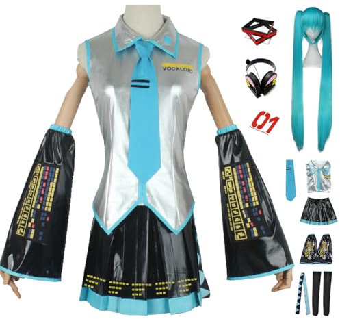 bi bi hou Miku Cosplay Kostüm Set mit Perücke Kopfhörer H'atsune Miku Verkleidung Anime Miku Uniform Lackleder Weihnachten Halloween Karneval Party Bühnenauftritt Kostüm Erwachsene XXS-3XL