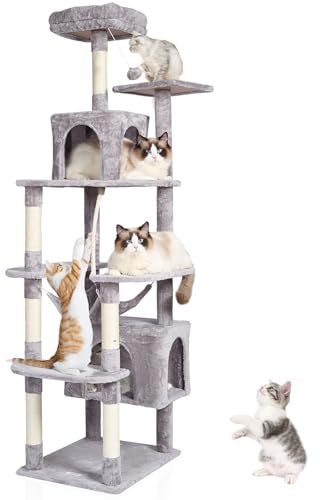 VEVOR Arbre à Chat, 183 cm, Tour d'escalade à Chats avec griffoir en sisal, 2 niches, hamac, perchoir supérieur, Plates-Formes de Saut, Balle Suspendue, pour activités d'intérieur Chats, Gris Clair