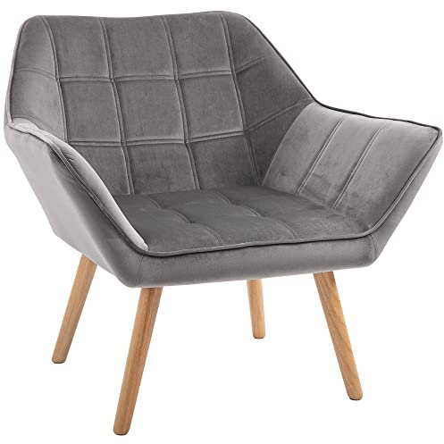 HOMCOM Fauteuil Salon Chaise Coiffeuse Fauteuil scandinave avec Dossier Haut et accoudoir rembourré - avec Pied en Bois, revêtement en Effet Velours, 67 x 61,5 x 71 cm, Gris